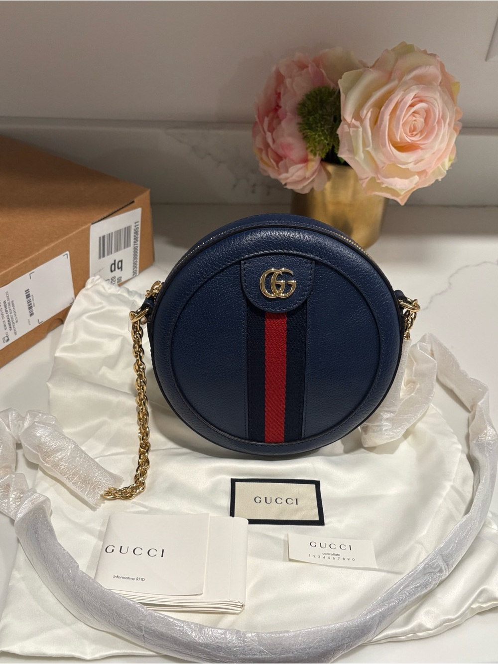 ✨NEW!✨GUCCI✨NWT✨OPHIDIA RARE! ROUND ALL LEATHER BAG WITH CHAIN & LEATHER STRAP